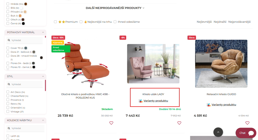Modul rozšířené varianty na kartičce produktu pro Upgates e-shop