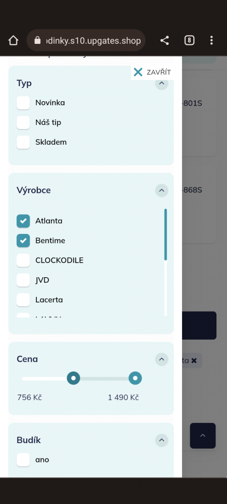 NEXT-GEN upravení filtrace produktů na mobilním zobrazení Upgates
