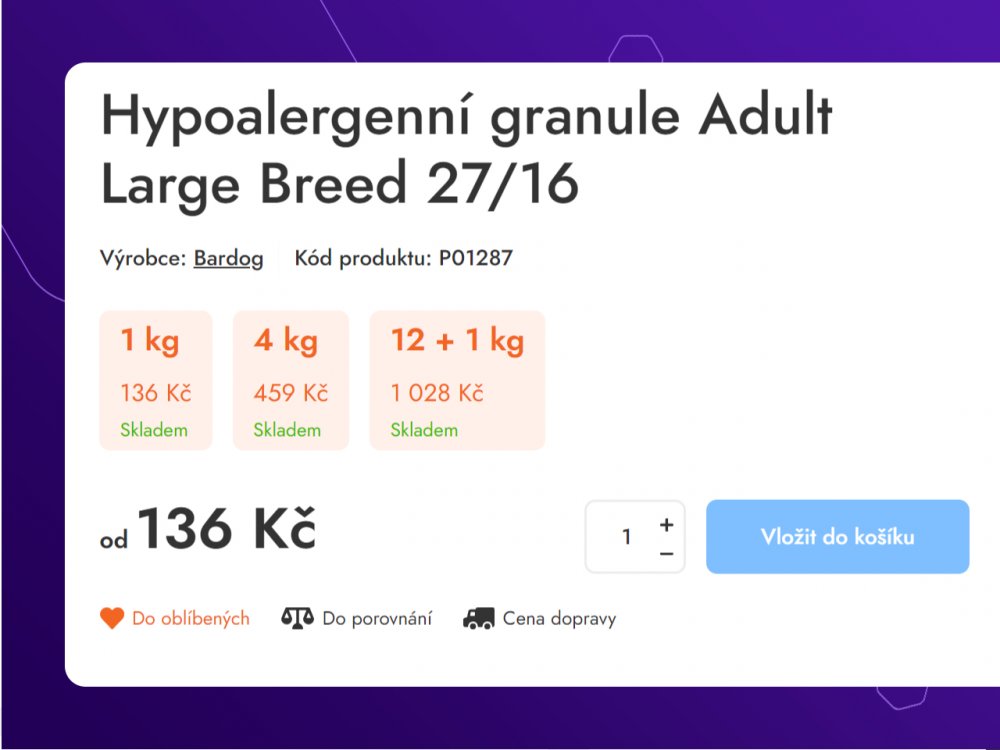 Ihned viditelné varianty a jejich podrobnosti v detailu produktu, včetně dostupnosti (Upgates)