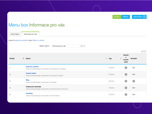 Mobilní menu box „Informace pro vás“ pro Shoptet