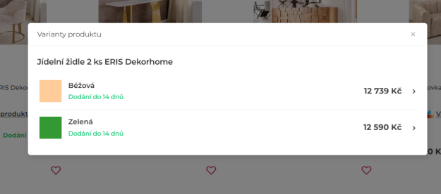 Modul rozšířené varianty na kartičce produktu