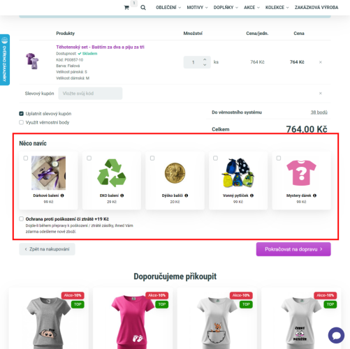 Upsell produktů nebo doplňkových služeb k celému nákupu v prvním kroku košíku