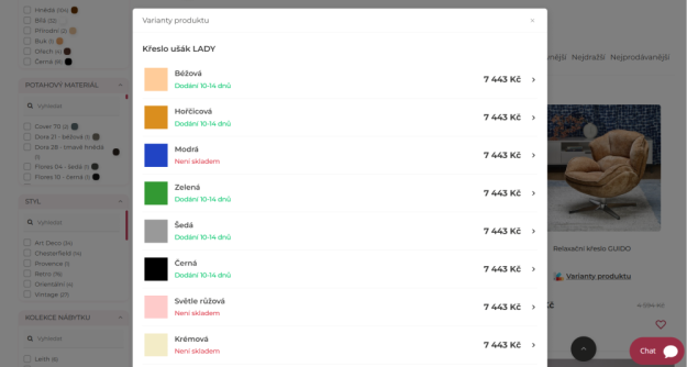 Modul rozšířené varianty na kartičce produktu