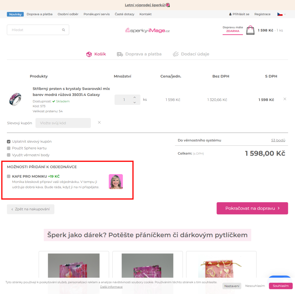 Upsell doplňkových služeb v prvním kroku košíku na Upgates – přidejte hodnotu každému nákupu