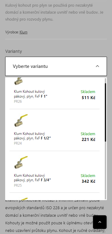 Ihned viditelné varianty a jejich podrobnosti v detailu produktu, včetně dostupnosti (Upgates)