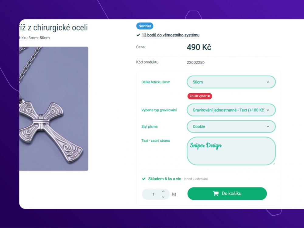 Konfigurace produktu s fontem a vložením textu (např. pro gravírování, tisk) pro Upgates e-shop