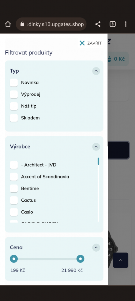 NEXT-GEN upravení filtrace produktů na mobilním zobrazení Upgates