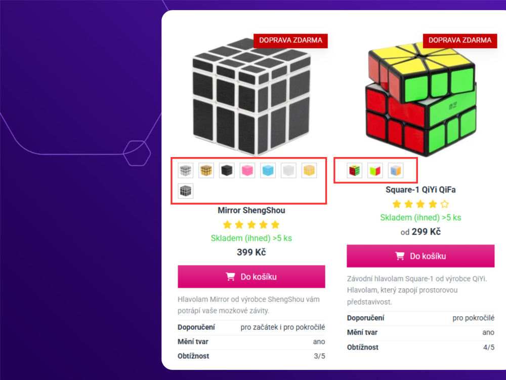 Variabilní produktové boxy s proklikem variant (PI Variants Preview) na e-shopu Upgates