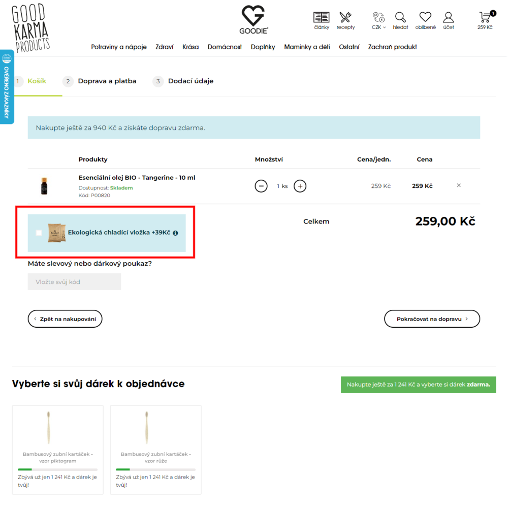 Upsell doplňkových služeb v prvním kroku košíku na Upgates – přidejte hodnotu každému nákupu