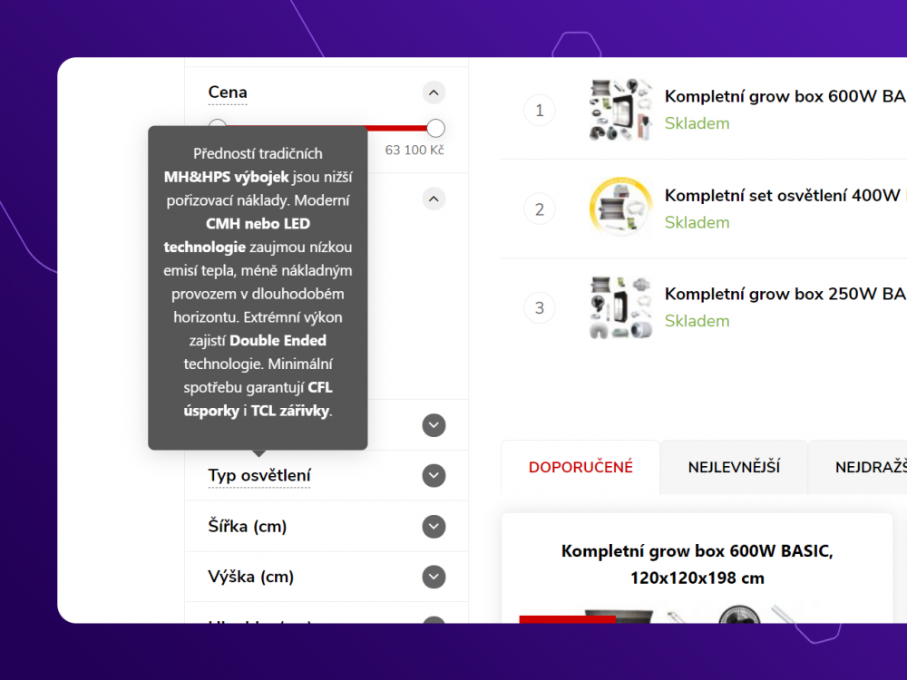 Vysvětlivky k parametru zobrazené ve filtraci a detailu produktu pro Upgates