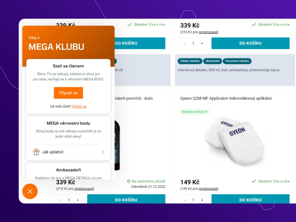 Statická informace na e-shopu Upgates na podporu registrací, akcí nebo dalších výhod e-shopu