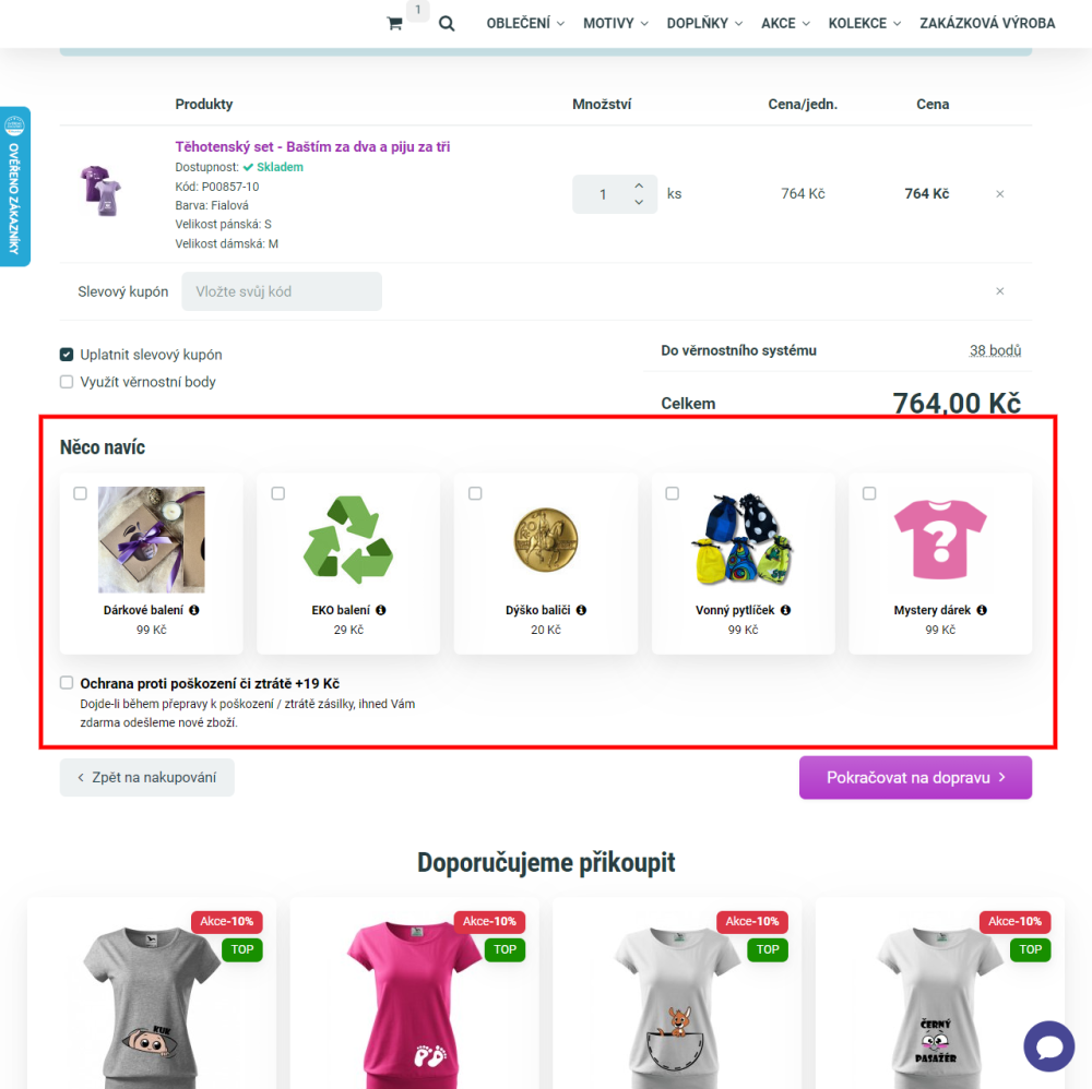 Upsell doplňkových služeb v prvním kroku košíku na Upgates – přidejte hodnotu každému nákupu