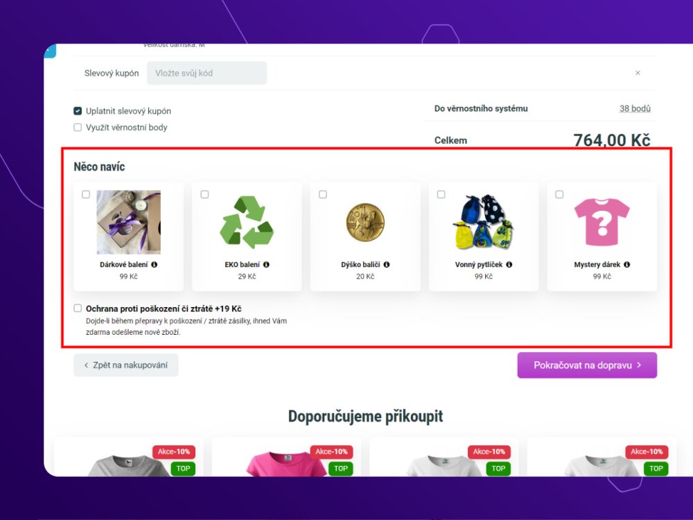 Upsell doplňkových služeb v prvním kroku košíku na Upgates – přidejte hodnotu každému nákupu