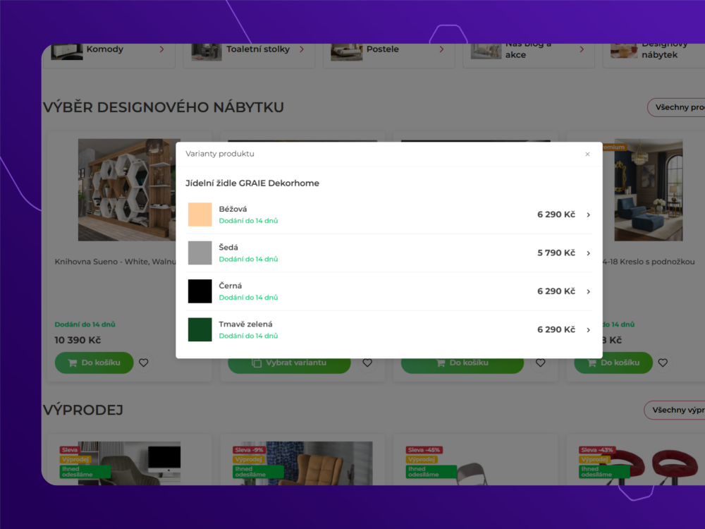 Chytré zobrazení variant produktu v kategorii v modálním okně na e-shopu Upgates